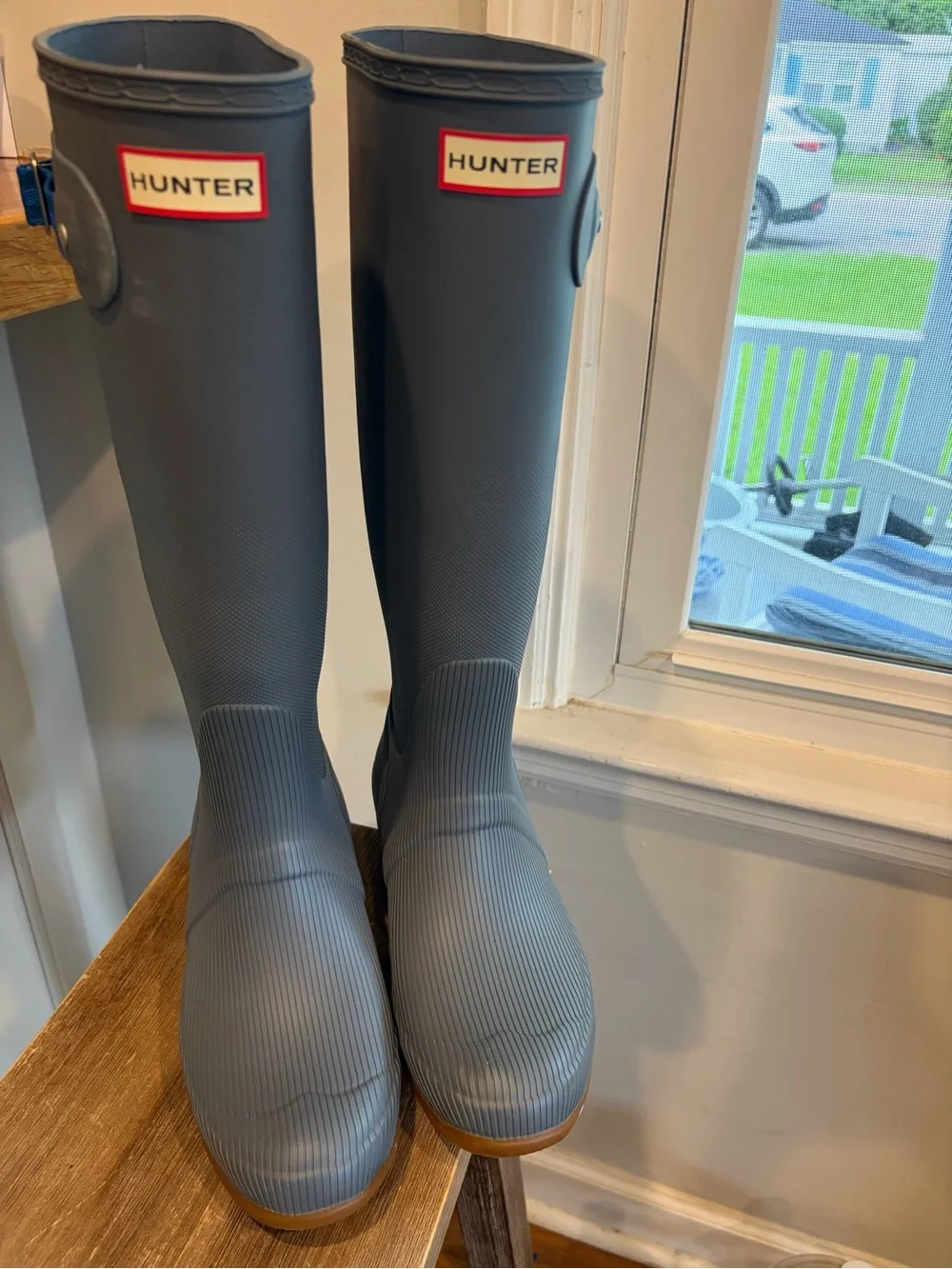 Hunter Original Stripe tall Rain Boots new gray blue